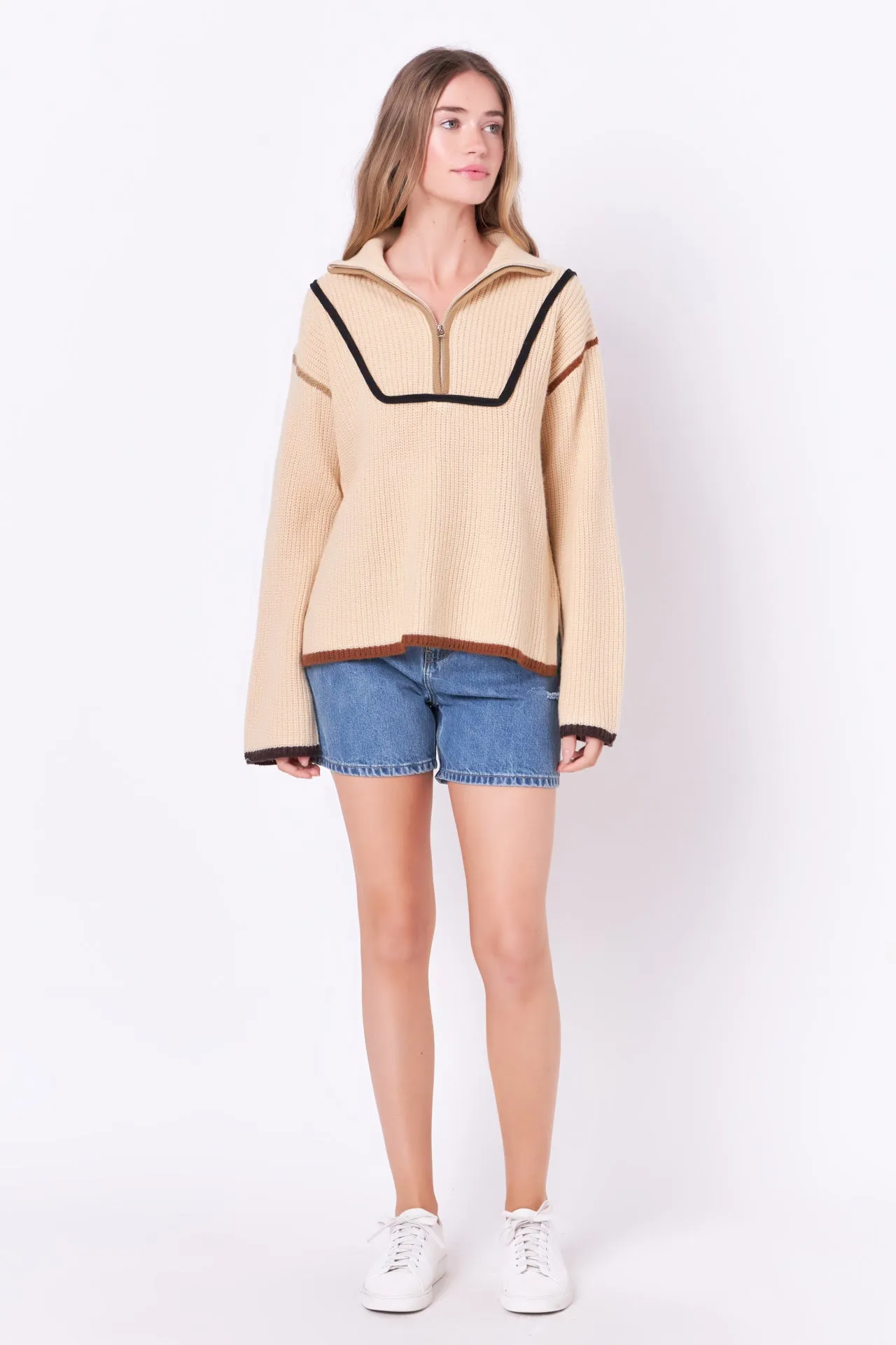 Contrast Piping Quarter-Zip Oversized Sweater