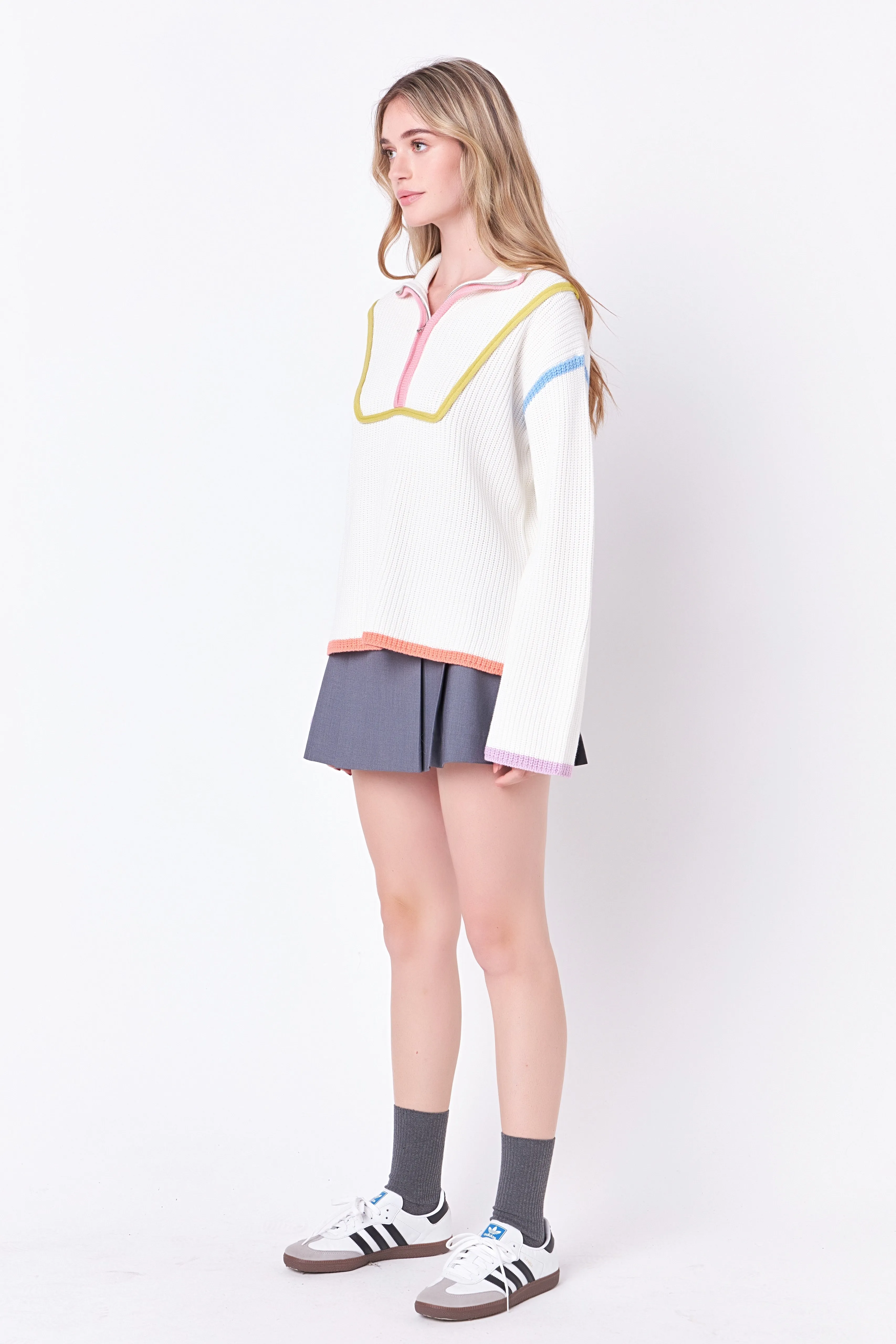Contrast Piping Quarter-Zip Oversized Sweater