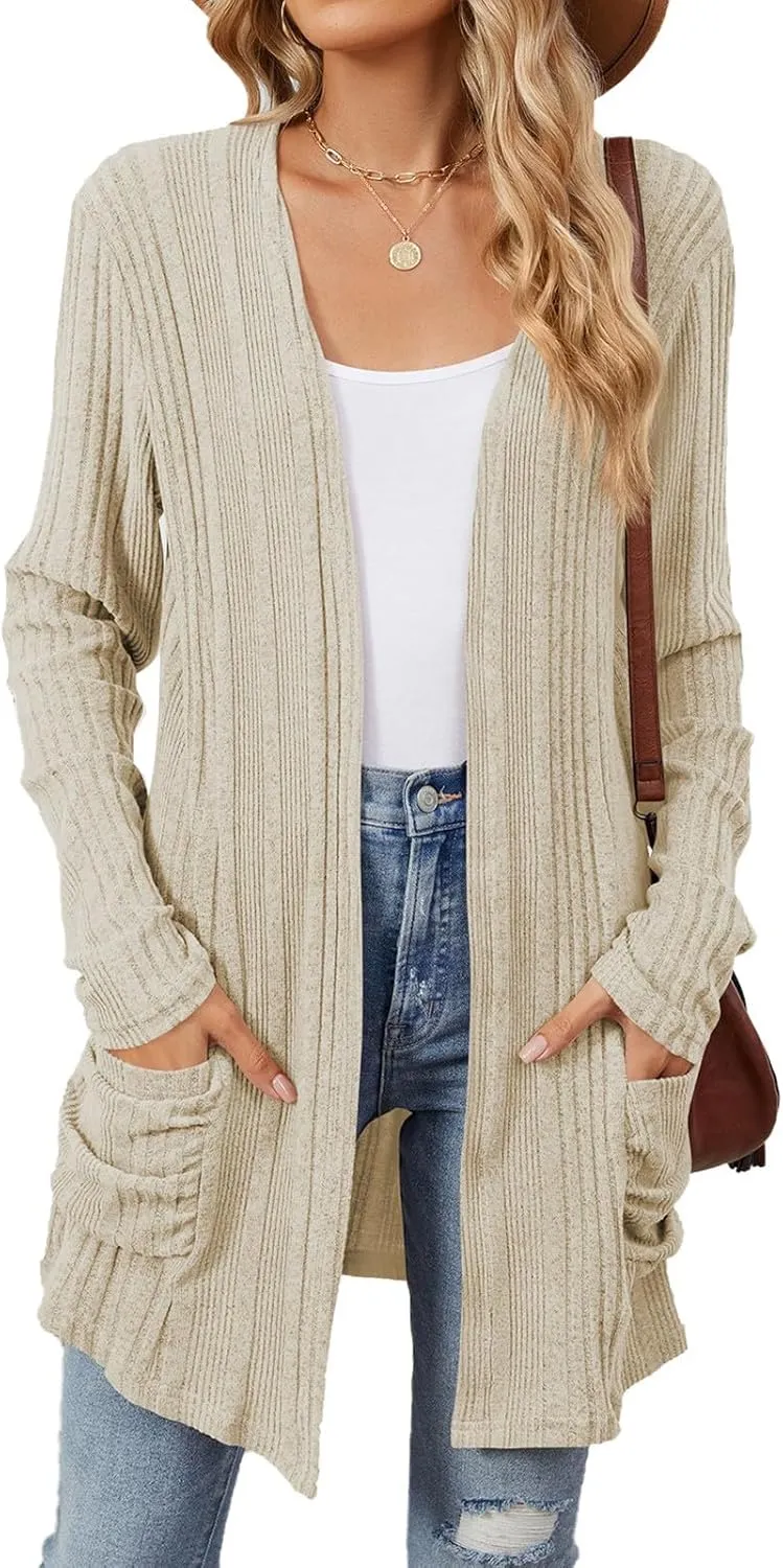 COTECRAM Women's Open Front Cardigan Sweaters with Pockets 2024 Fall Lightweight Long Sleeve Knit Long Cardigans Casual Coat