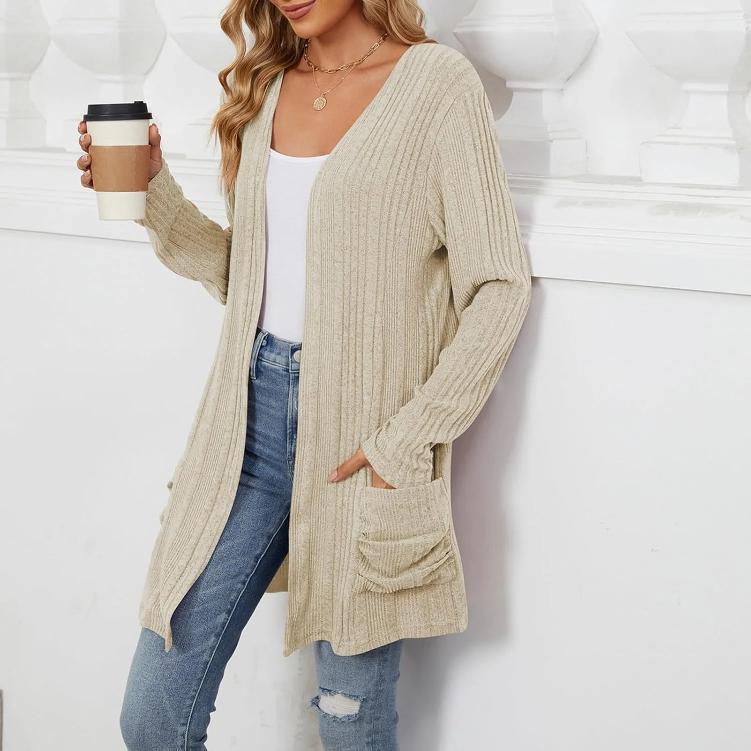 COTECRAM Women's Open Front Cardigan Sweaters with Pockets 2024 Fall Lightweight Long Sleeve Knit Long Cardigans Casual Coat