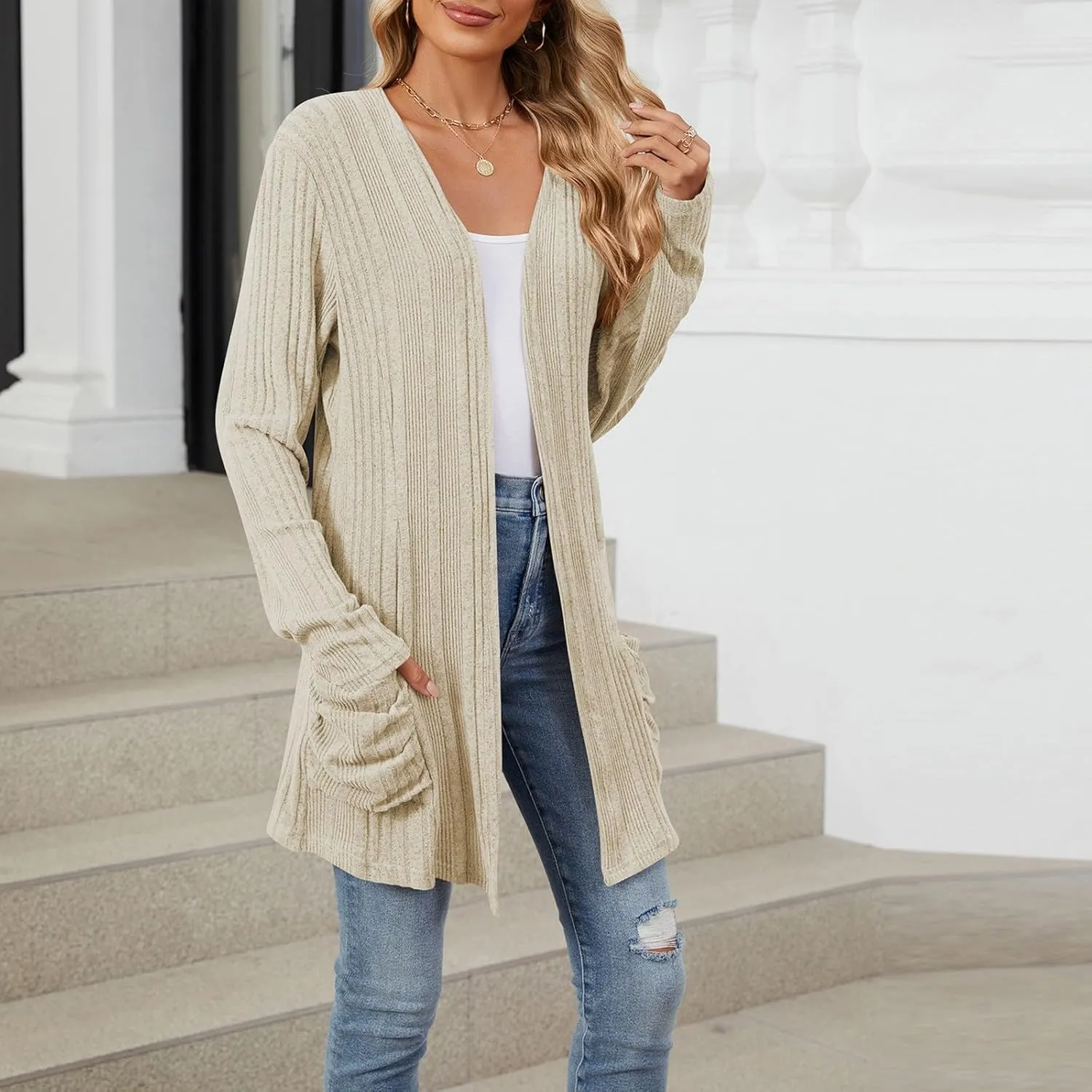 COTECRAM Women's Open Front Cardigan Sweaters with Pockets 2024 Fall Lightweight Long Sleeve Knit Long Cardigans Casual Coat