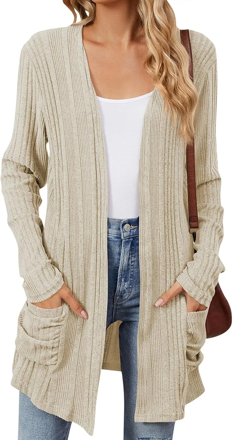 COTECRAM Women's Open Front Cardigan Sweaters with Pockets 2024 Fall Lightweight Long Sleeve Knit Long Cardigans Casual Coat