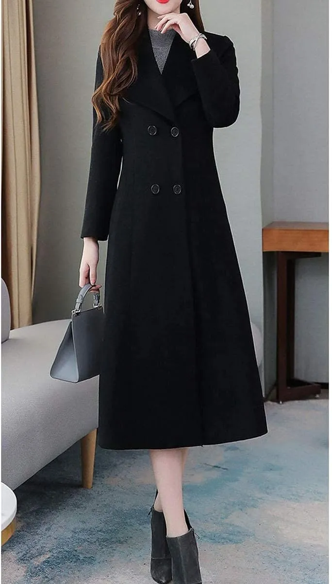 ebossy Women's Shawl Collar Double Breasted Below Knee Slim Wool Trench Long Coat