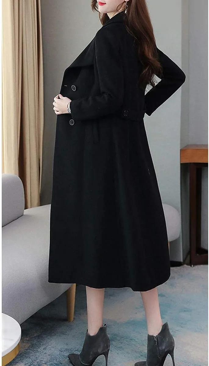 ebossy Women's Shawl Collar Double Breasted Below Knee Slim Wool Trench Long Coat