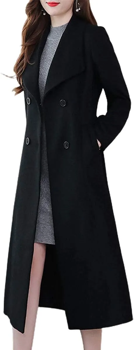 ebossy Women's Shawl Collar Double Breasted Below Knee Slim Wool Trench Long Coat