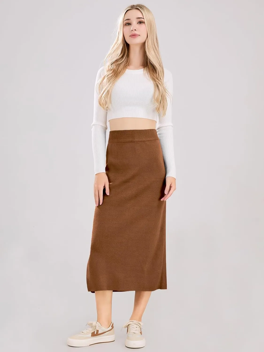 ebossy Women's Winter Warm High Waist Side Slit Wool Blend Long Skirts Rib Knit Stretchy Bodycon Pencil Skirt