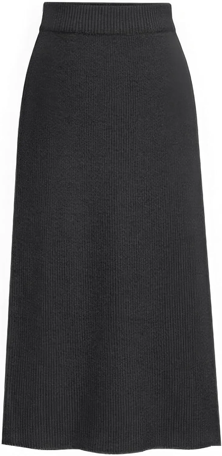 ebossy Women's Winter Warm High Waist Side Slit Wool Blend Long Skirts Rib Knit Stretchy Bodycon Pencil Skirt