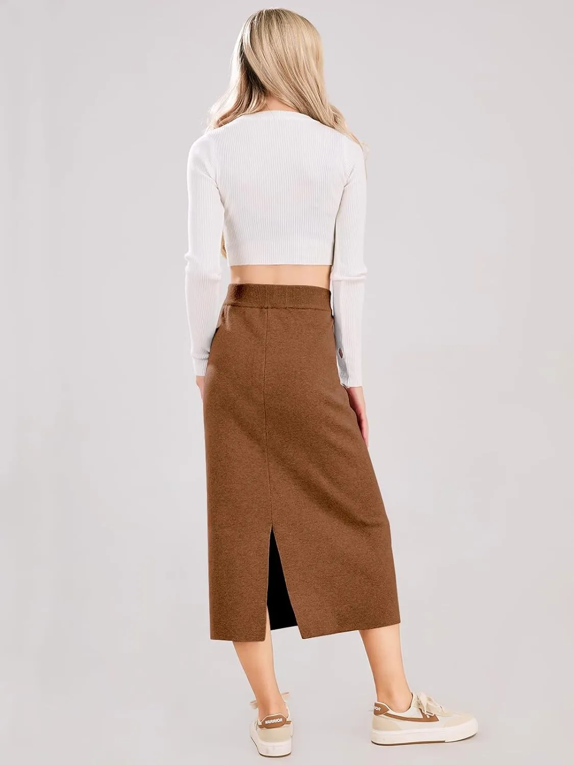 ebossy Women's Winter Warm High Waist Side Slit Wool Blend Long Skirts Rib Knit Stretchy Bodycon Pencil Skirt