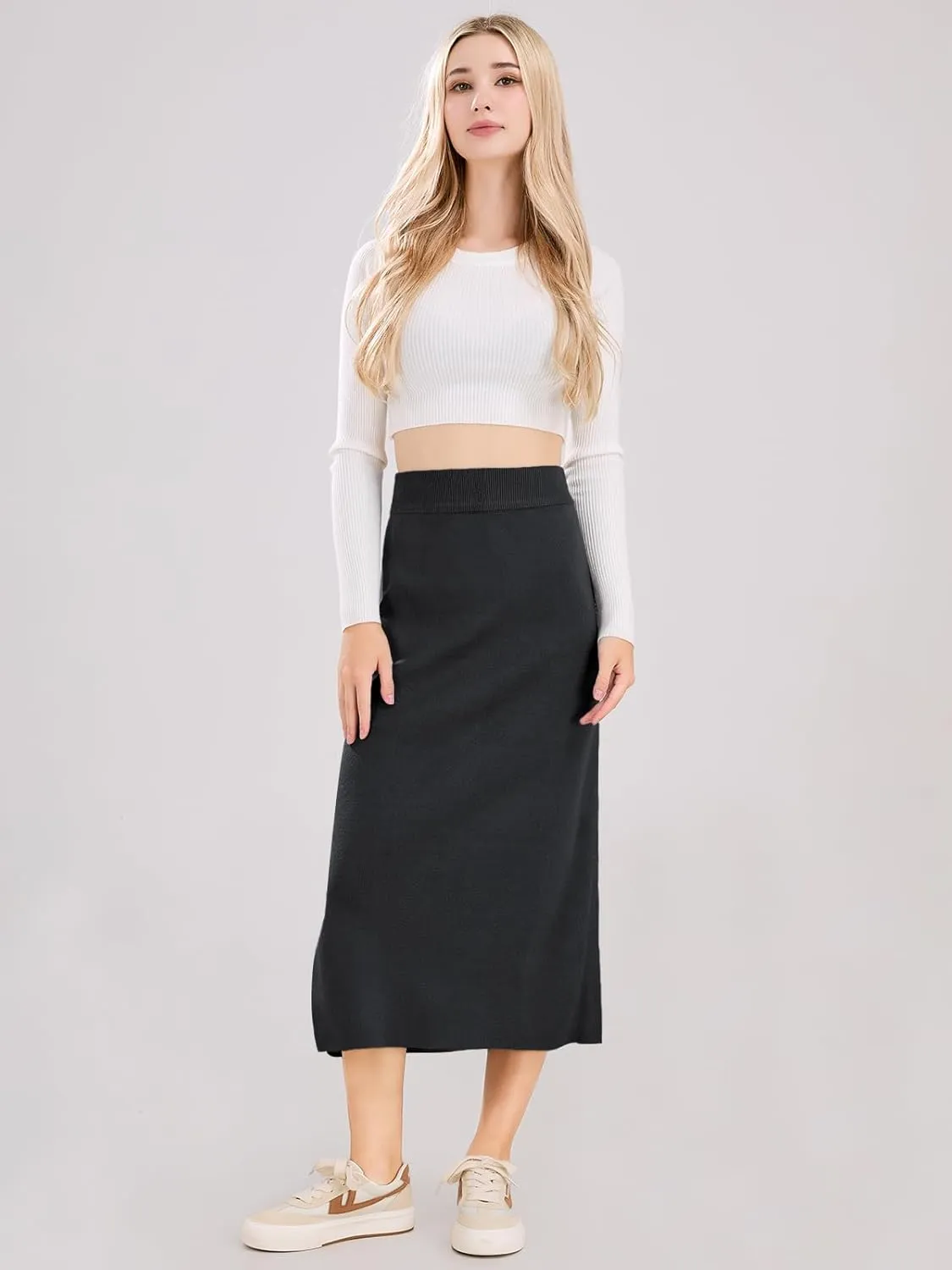 ebossy Women's Winter Warm High Waist Side Slit Wool Blend Long Skirts Rib Knit Stretchy Bodycon Pencil Skirt