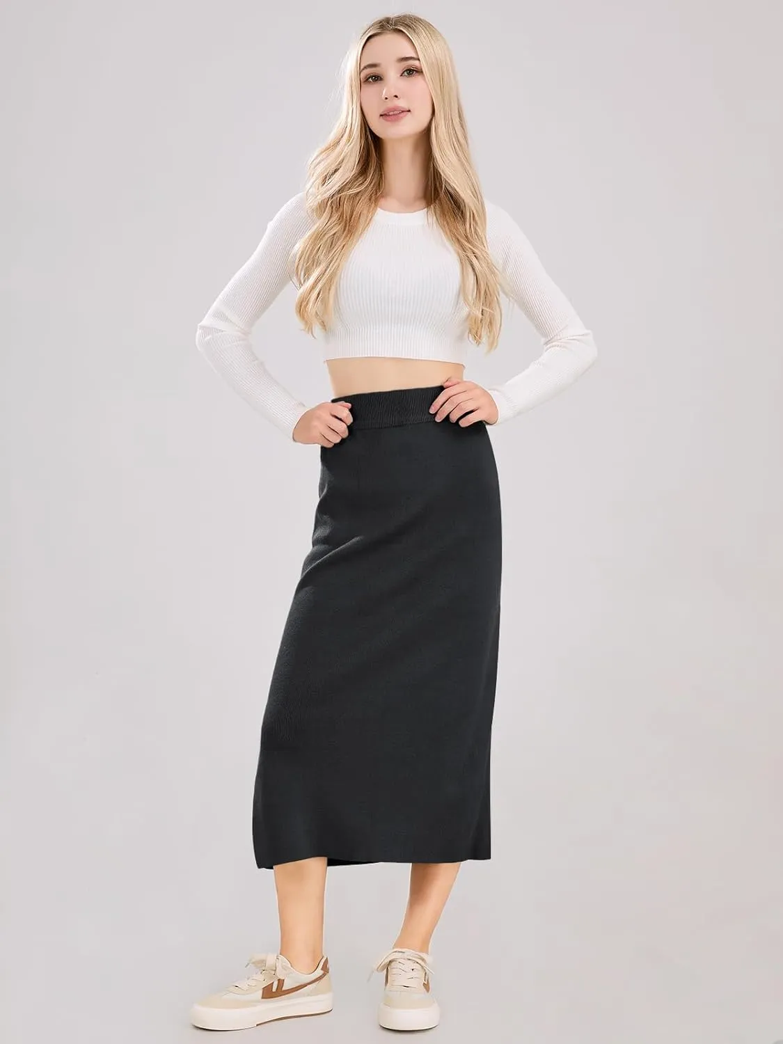 ebossy Women's Winter Warm High Waist Side Slit Wool Blend Long Skirts Rib Knit Stretchy Bodycon Pencil Skirt