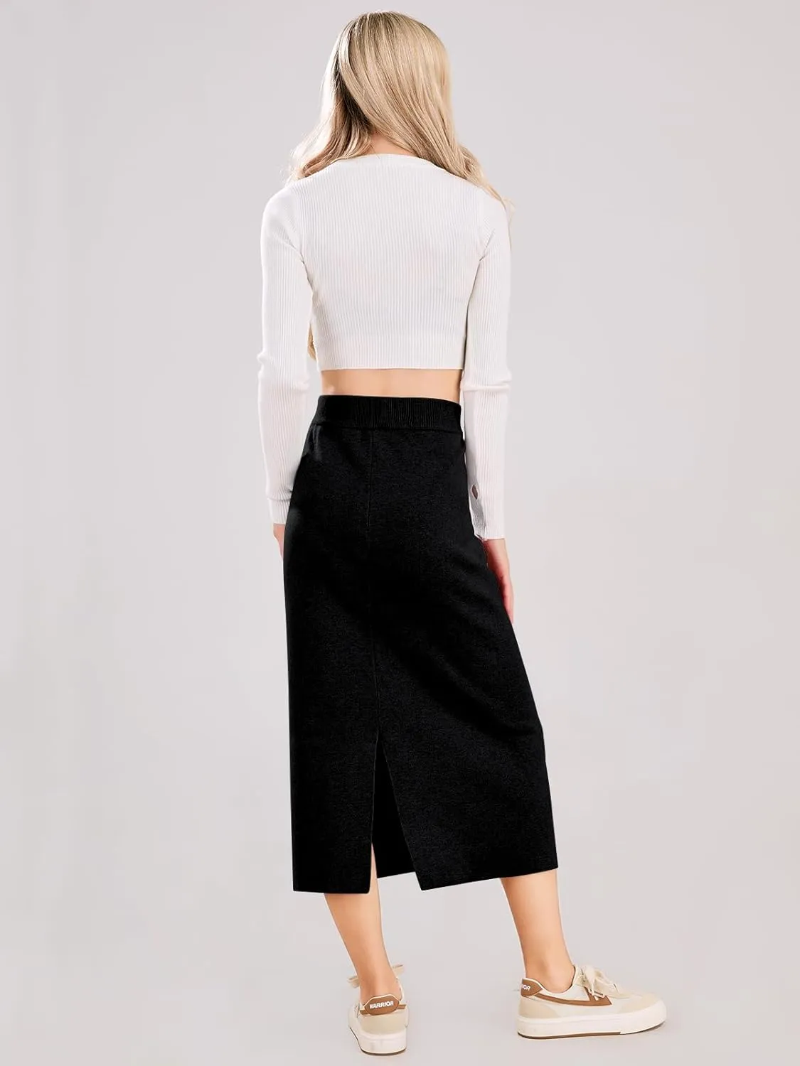 ebossy Women's Winter Warm High Waist Side Slit Wool Blend Long Skirts Rib Knit Stretchy Bodycon Pencil Skirt