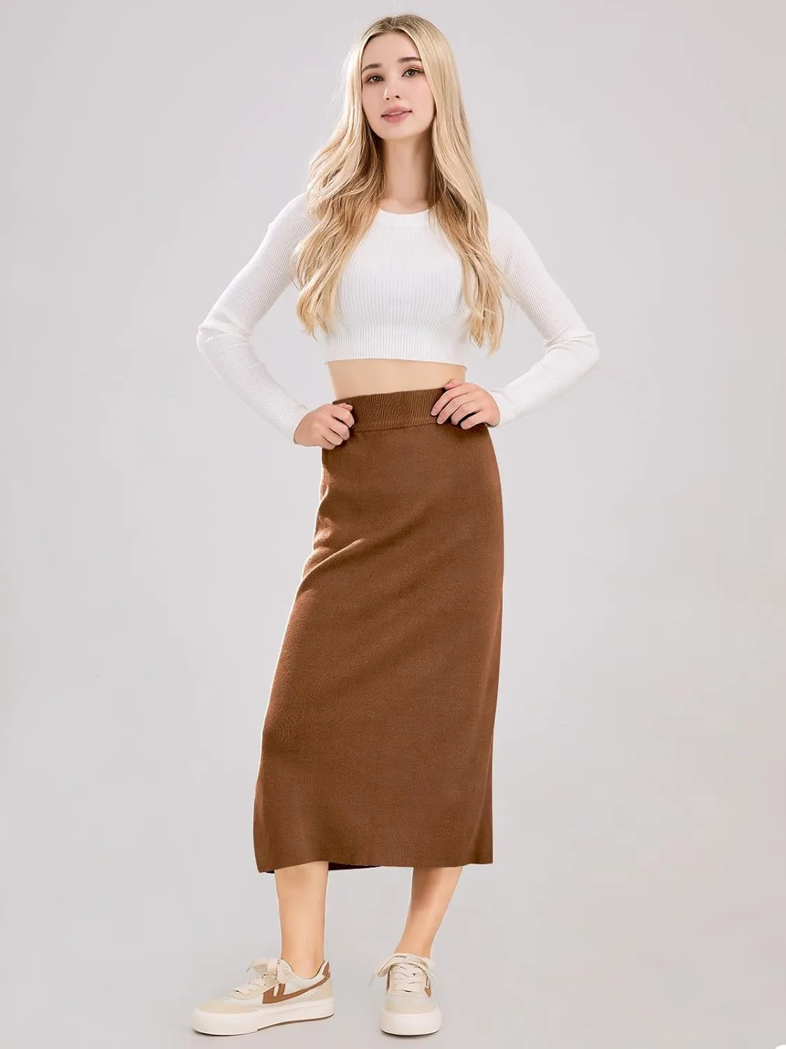 ebossy Women's Winter Warm High Waist Side Slit Wool Blend Long Skirts Rib Knit Stretchy Bodycon Pencil Skirt