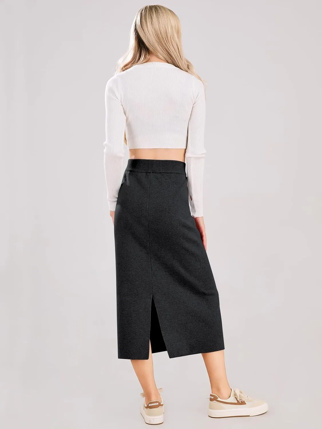 ebossy Women's Winter Warm High Waist Side Slit Wool Blend Long Skirts Rib Knit Stretchy Bodycon Pencil Skirt