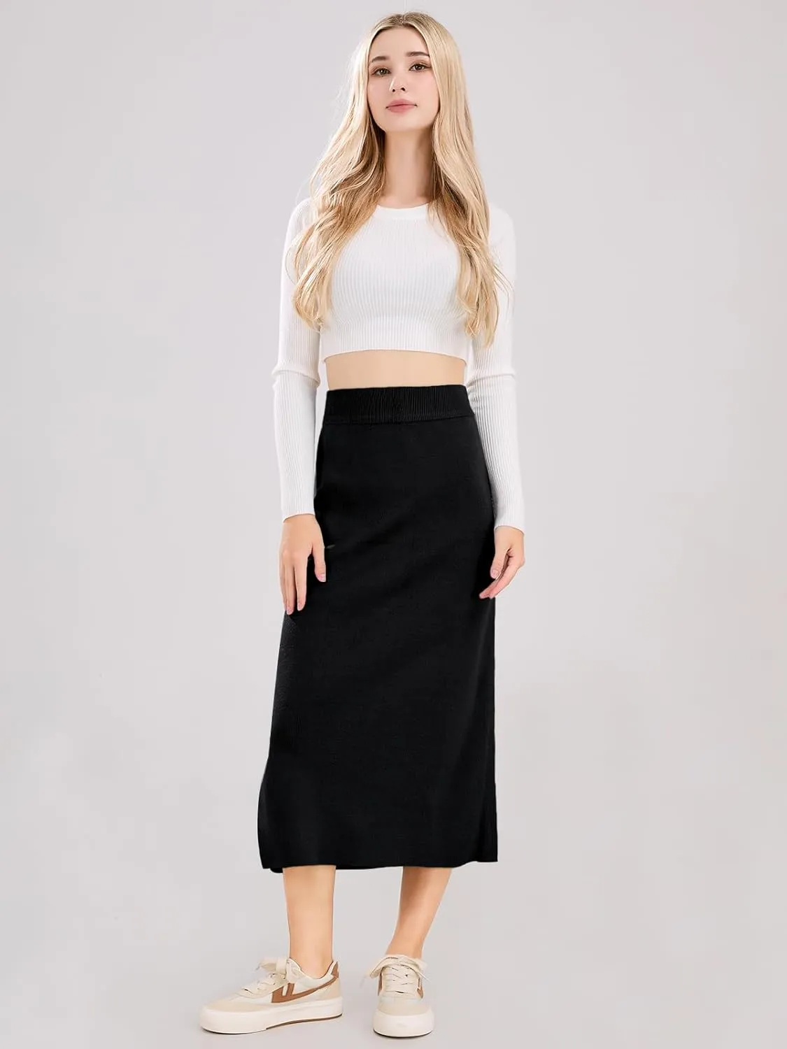 ebossy Women's Winter Warm High Waist Side Slit Wool Blend Long Skirts Rib Knit Stretchy Bodycon Pencil Skirt