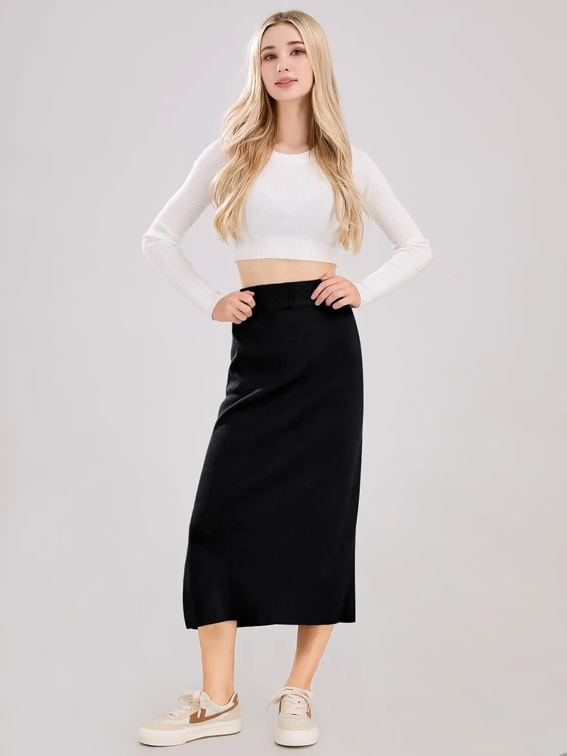 ebossy Women's Winter Warm High Waist Side Slit Wool Blend Long Skirts Rib Knit Stretchy Bodycon Pencil Skirt
