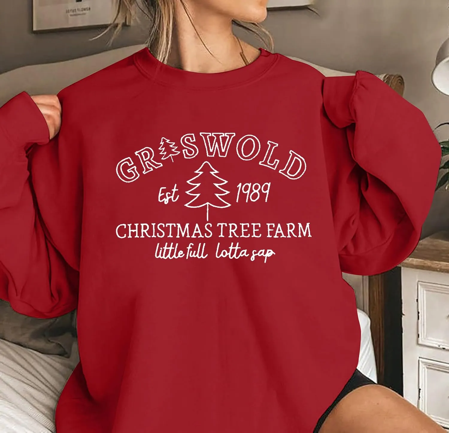 FASHGL Christmas Sweatshirt Xmas Embroidered Sweatshirts Womens Christmas Tree Farm Vacation Pullover Oversized Fall Top