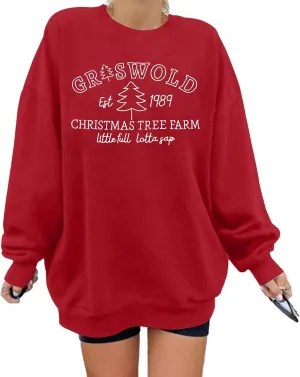 FASHGL Christmas Sweatshirt Xmas Embroidered Sweatshirts Womens Christmas Tree Farm Vacation Pullover Oversized Fall Top