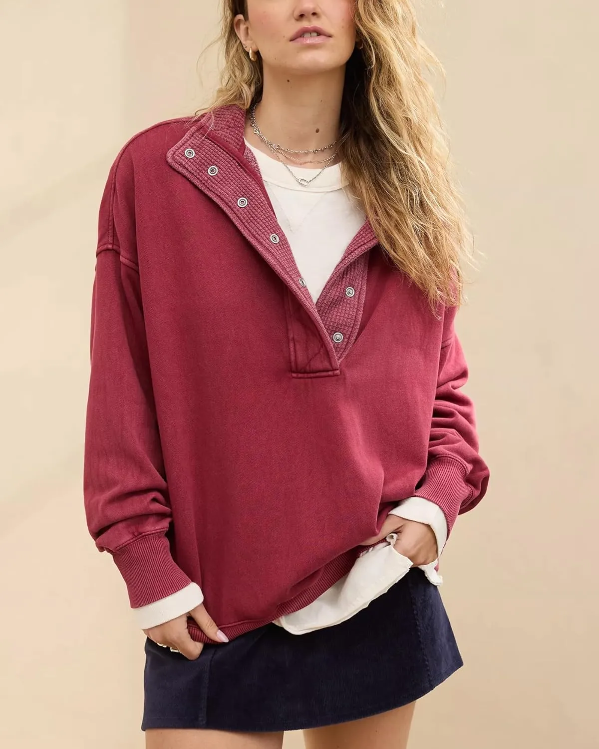 Gacaky Sweatshirt for Women Oversized Casual Long Sleeve Button Henley Neck Pullover Tops Fashion Outfits Clothes