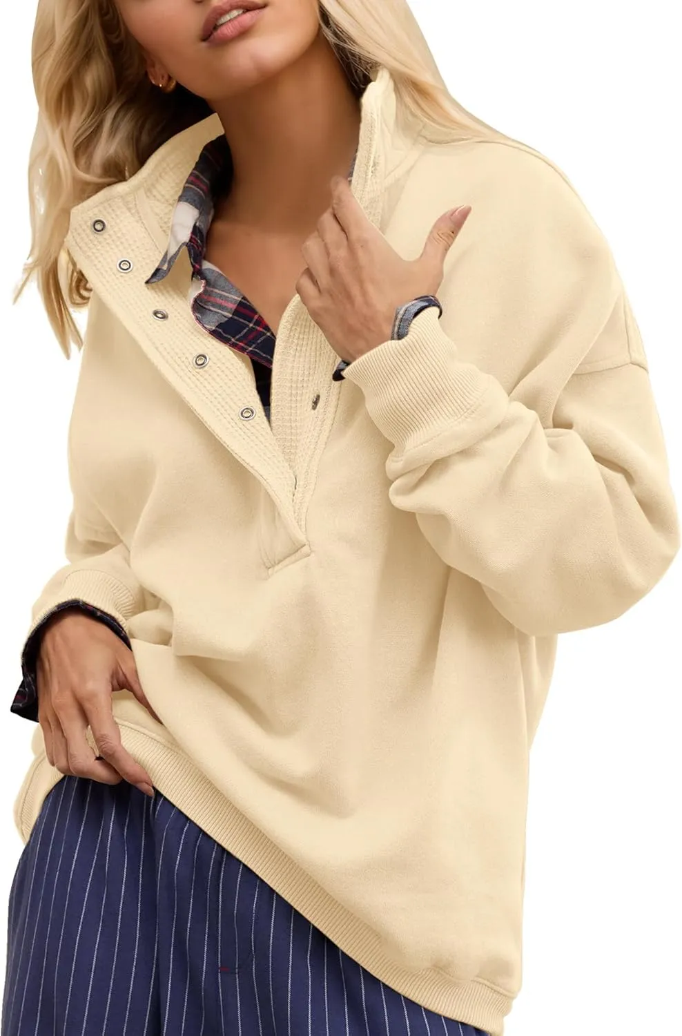 Gacaky Sweatshirt for Women Oversized Casual Long Sleeve Button Henley Neck Pullover Tops Fashion Outfits Clothes