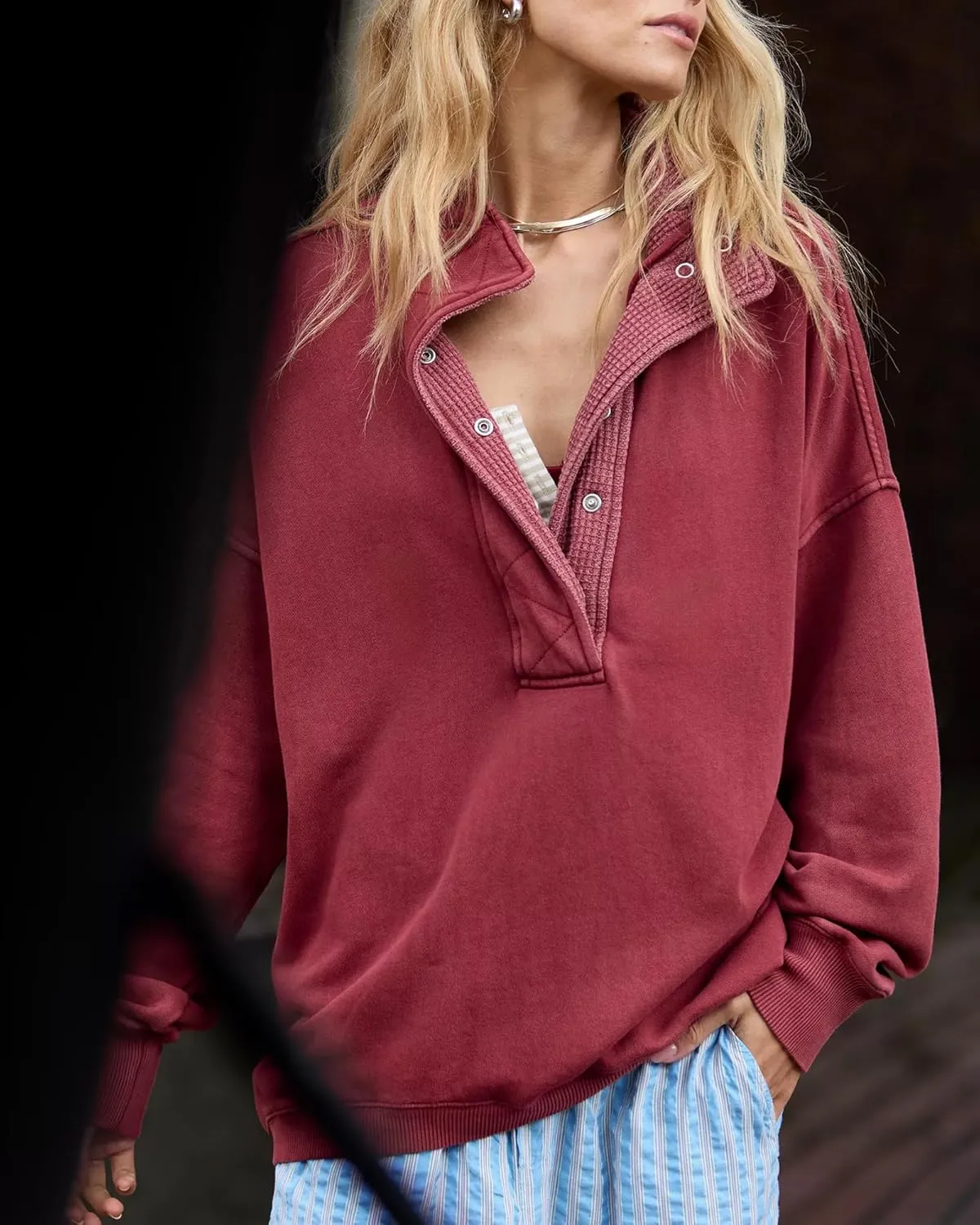 Gacaky Sweatshirt for Women Oversized Casual Long Sleeve Button Henley Neck Pullover Tops Fashion Outfits Clothes