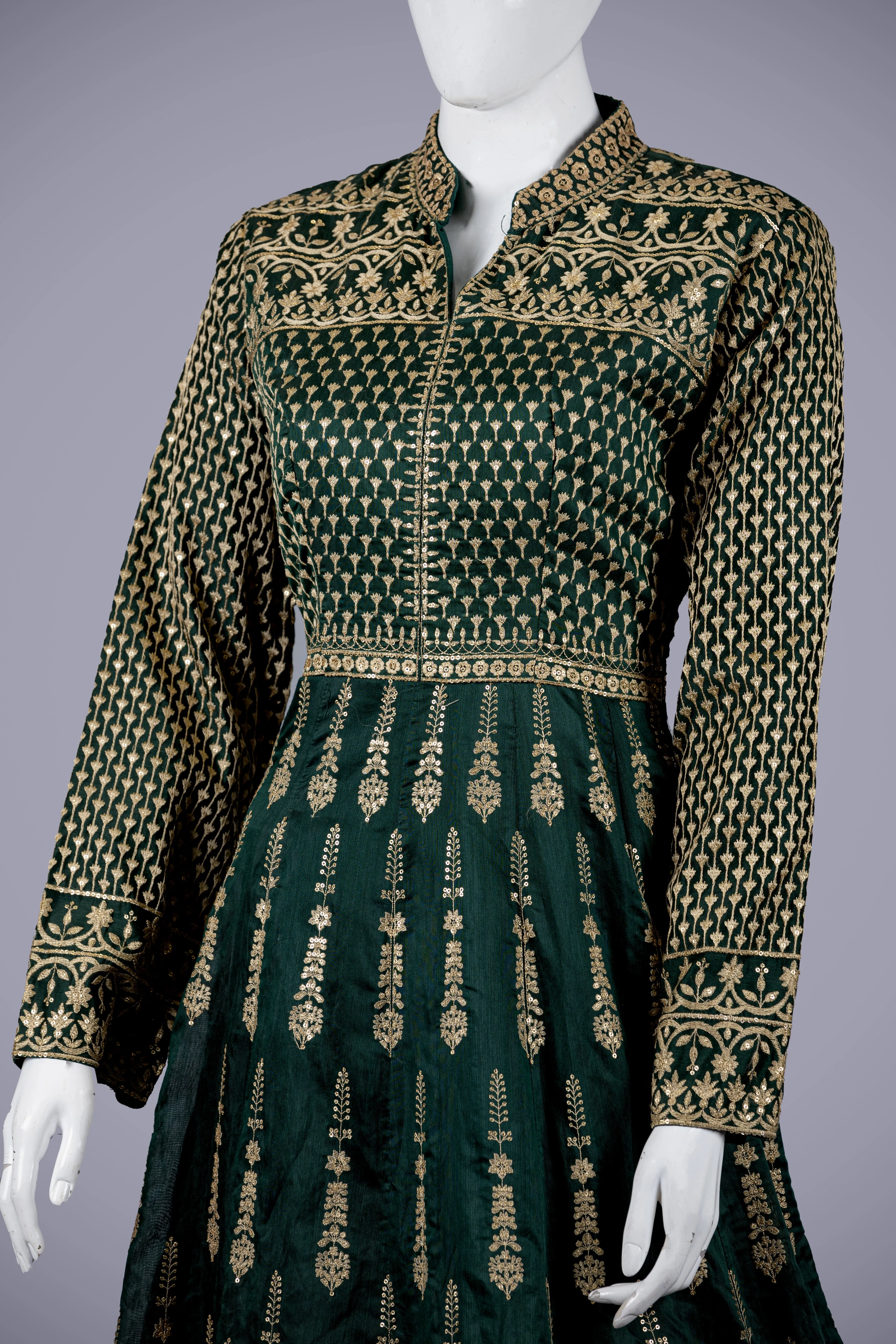 Green Silk Gown with Machine Work