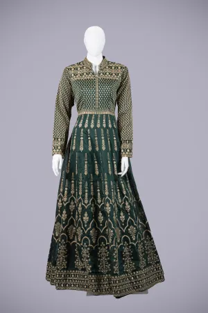 Green Silk Gown with Machine Work