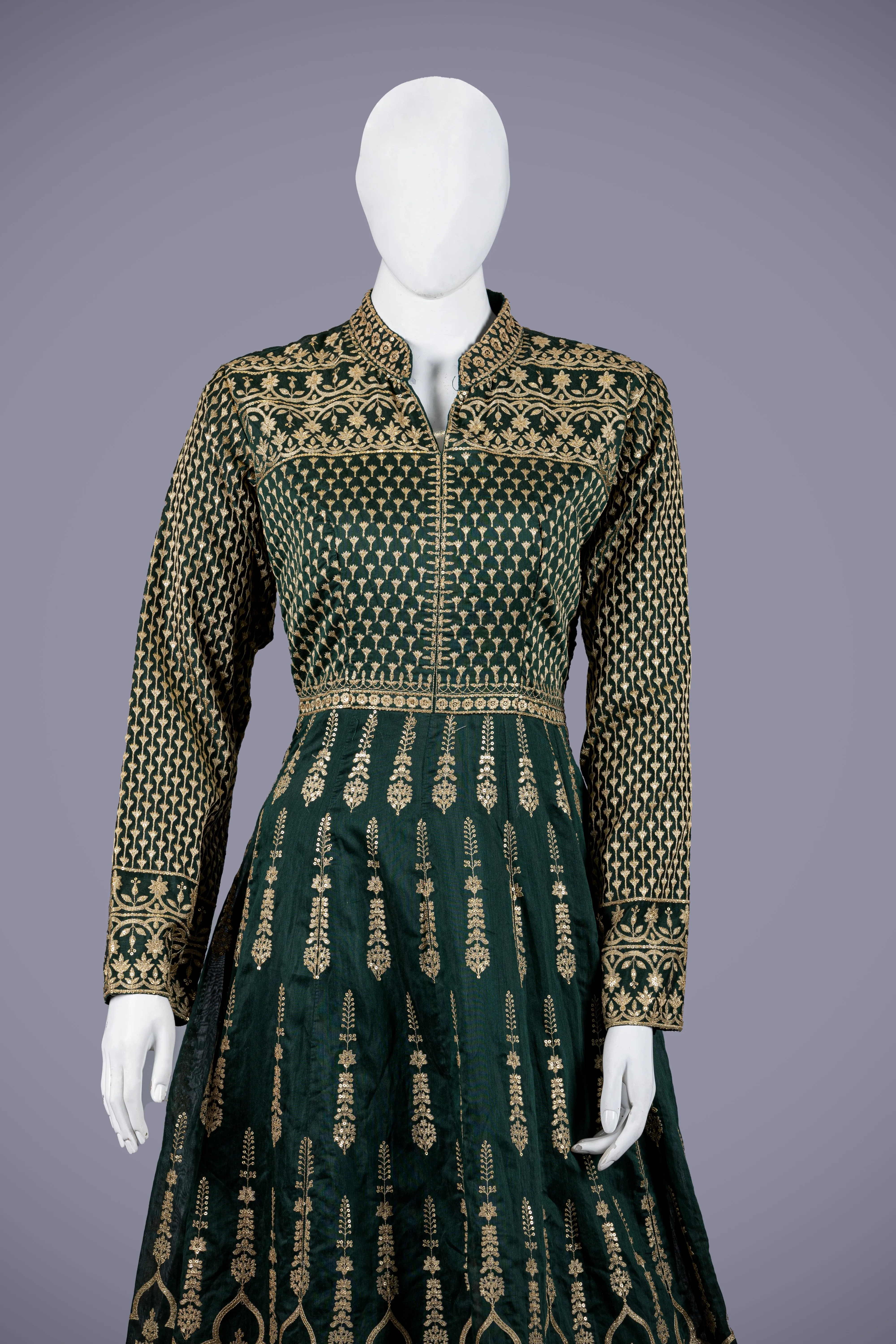 Green Silk Gown with Machine Work