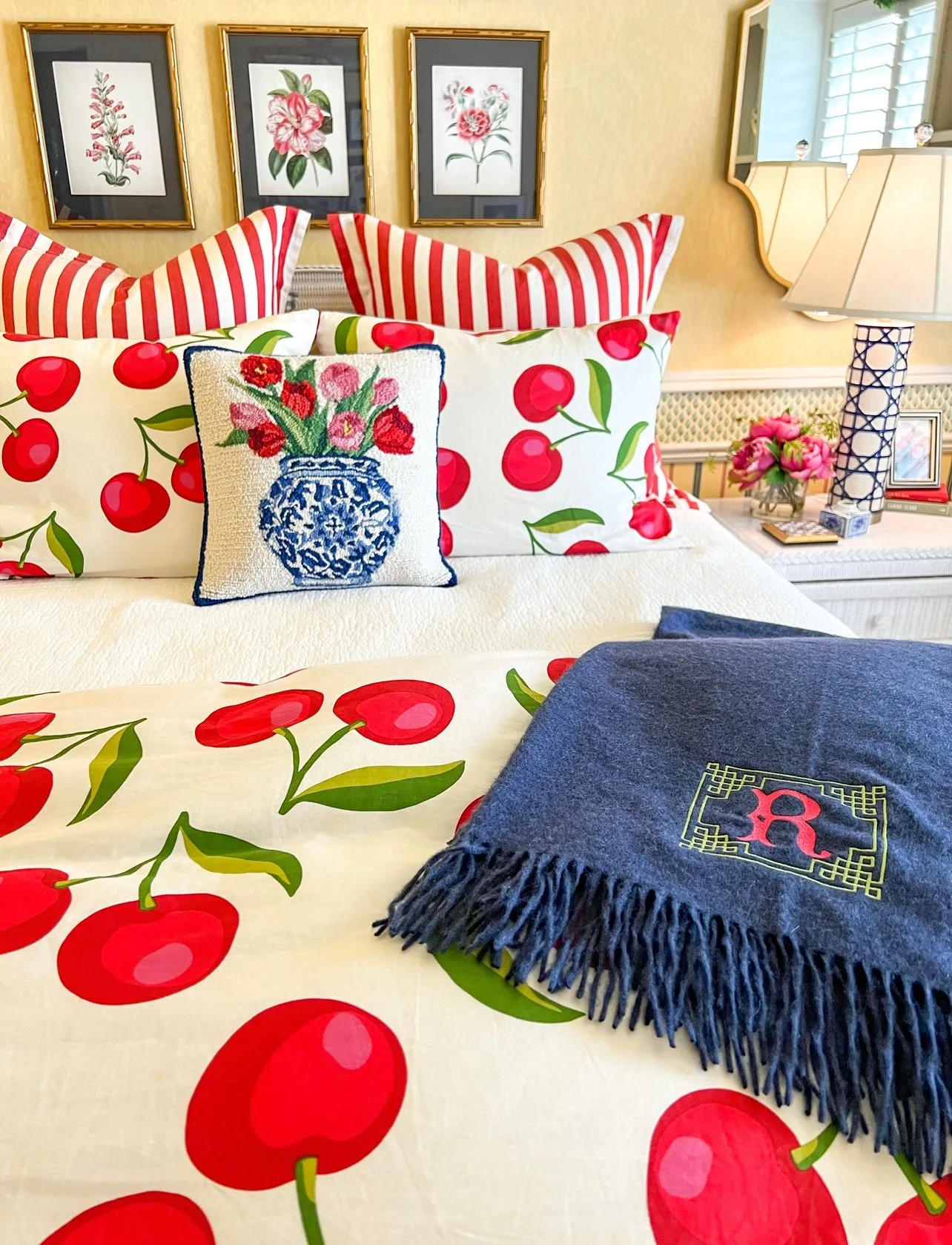 Hand hooked wool tulips in chinoiserie pillow