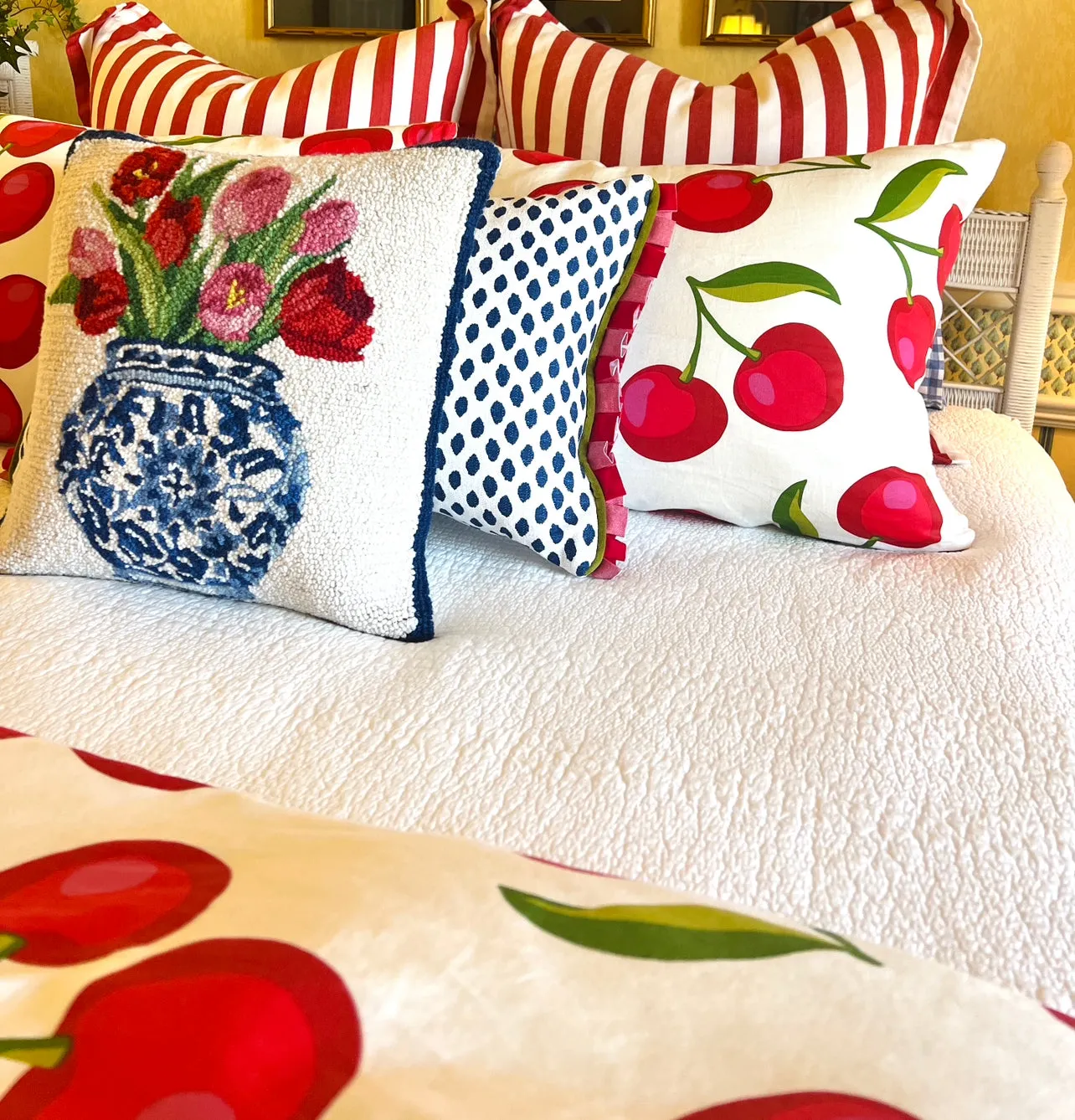 Hand hooked wool tulips in chinoiserie pillow