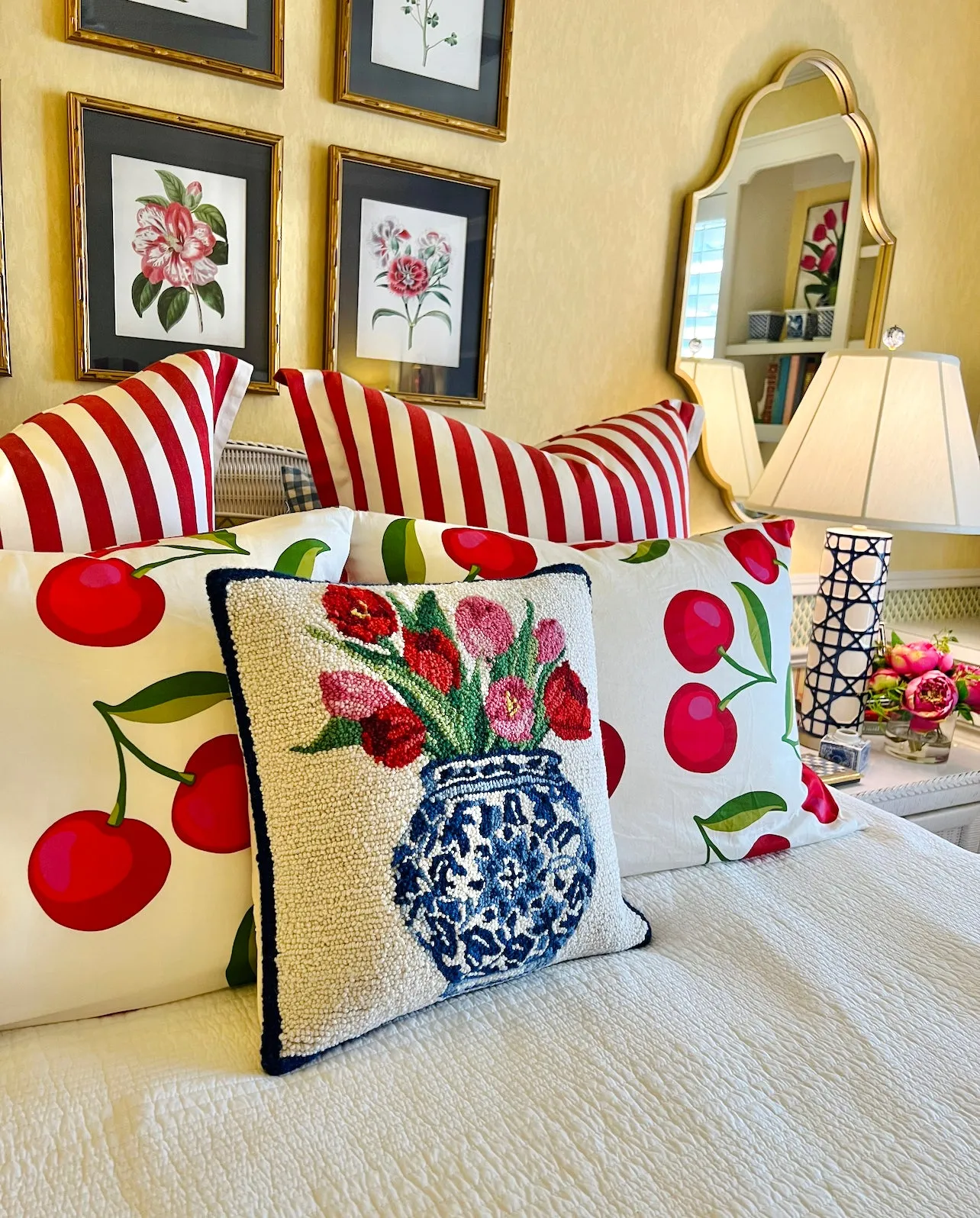 Hand hooked wool tulips in chinoiserie pillow