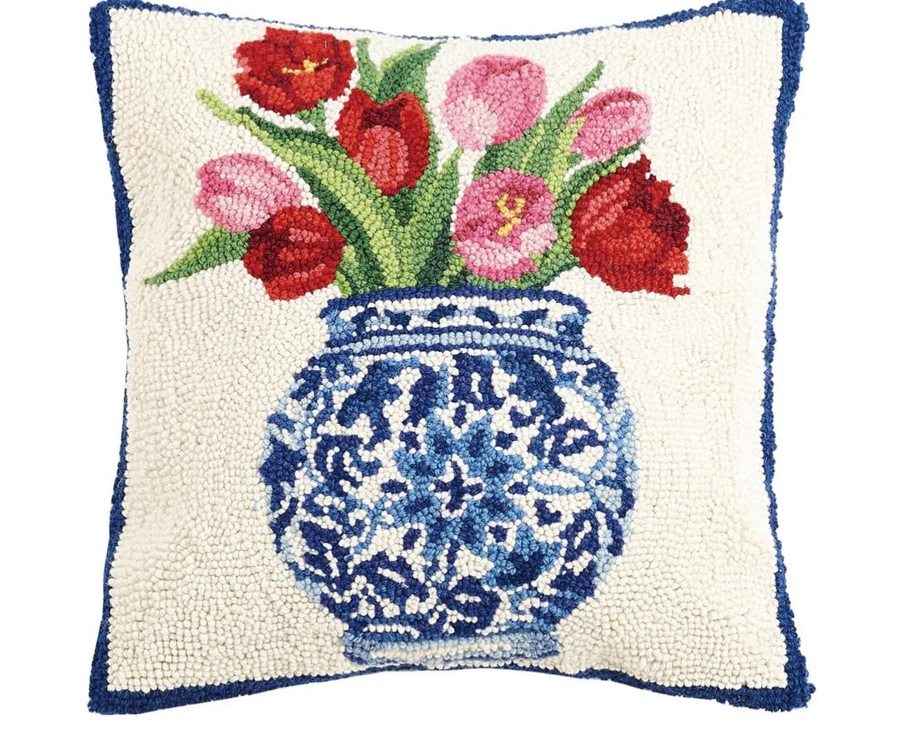 Hand hooked wool tulips in chinoiserie pillow