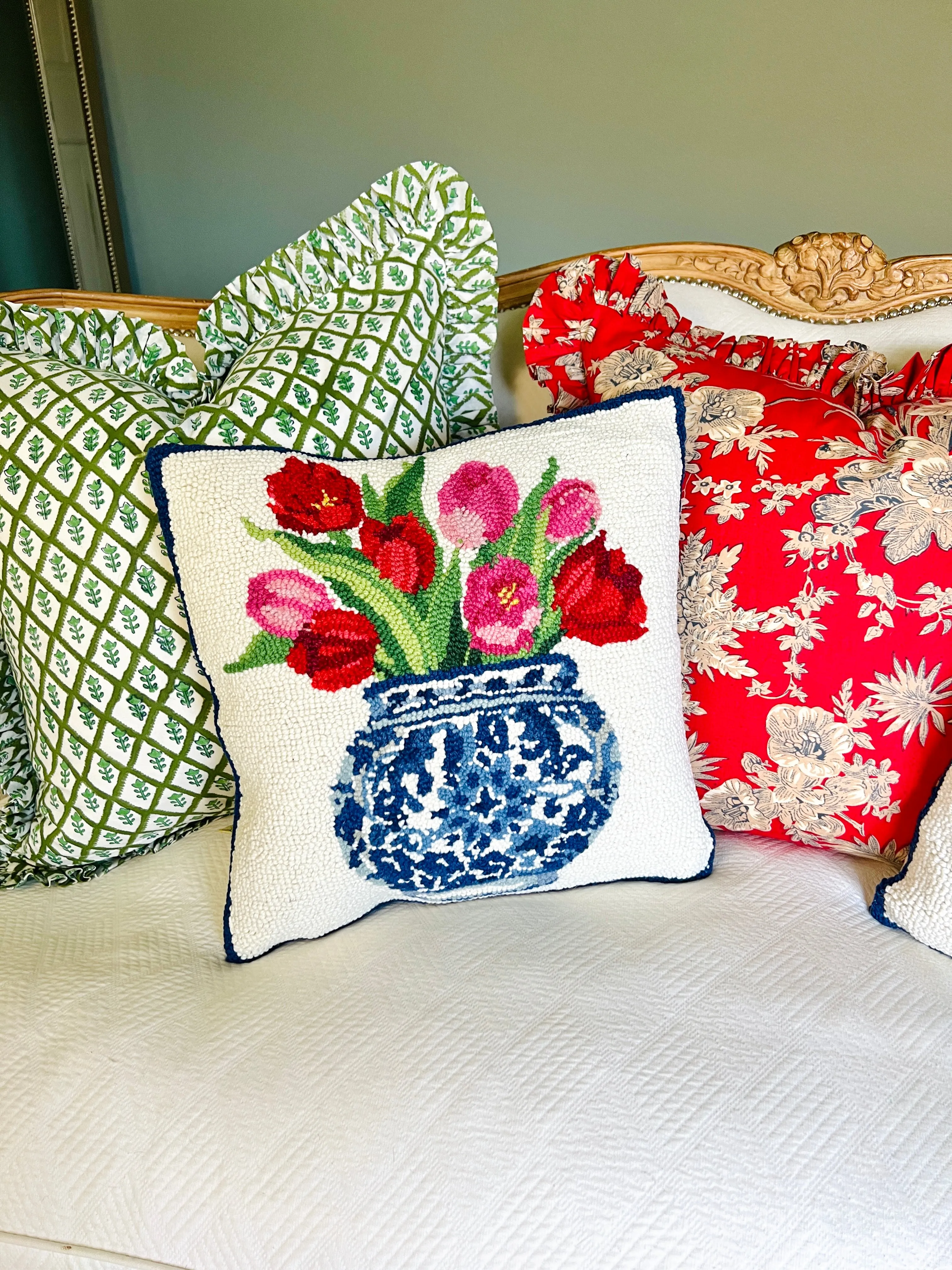 Hand hooked wool tulips in chinoiserie pillow