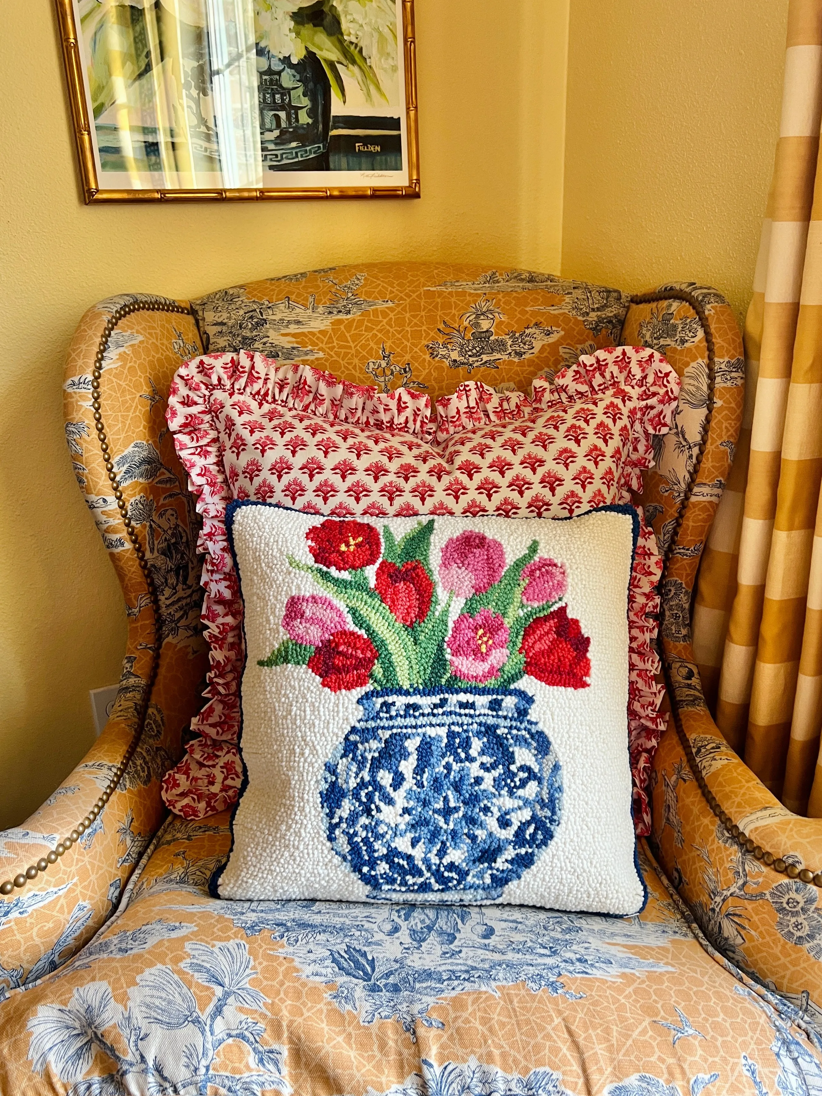 Hand hooked wool tulips in chinoiserie pillow