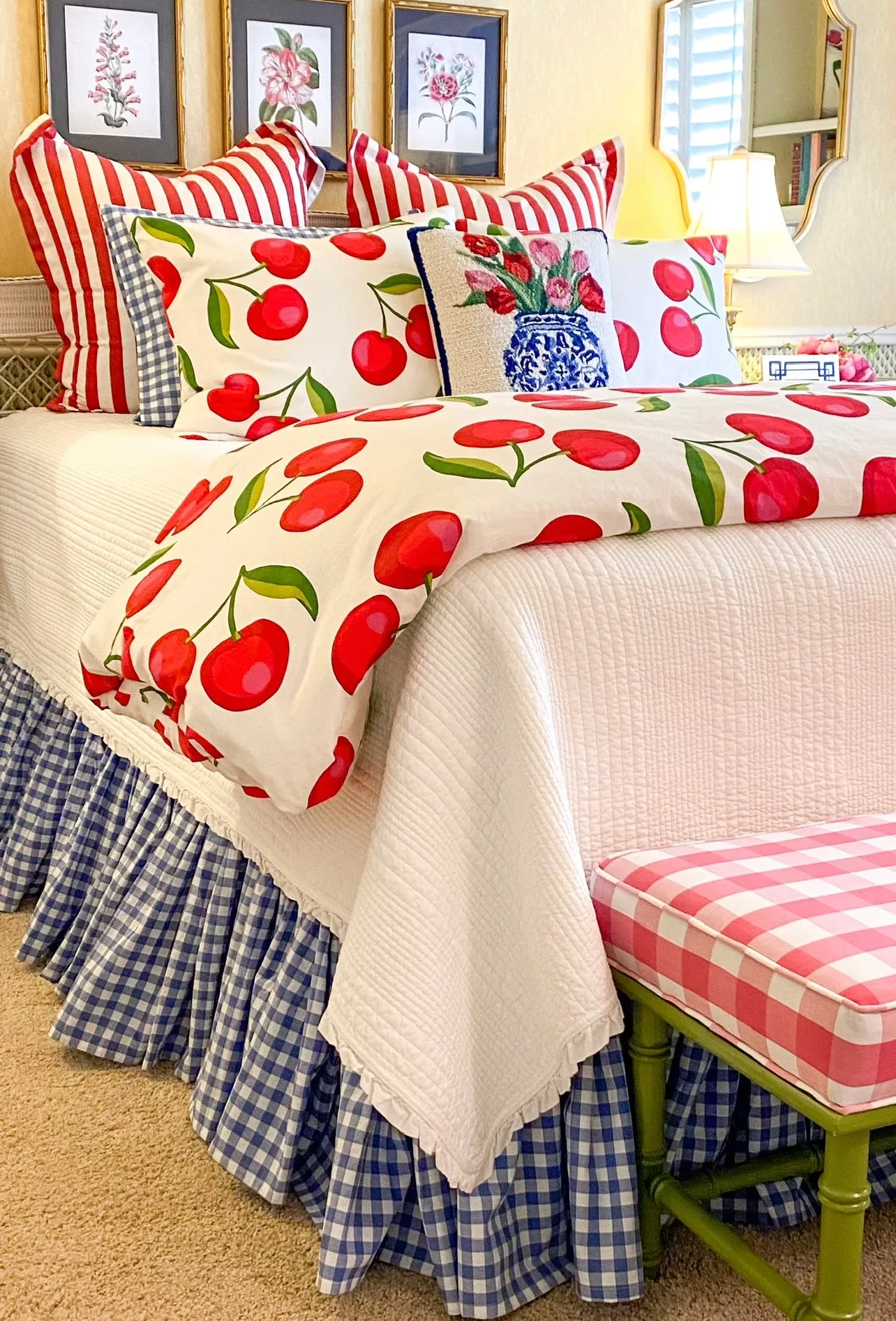 Hand hooked wool tulips in chinoiserie pillow