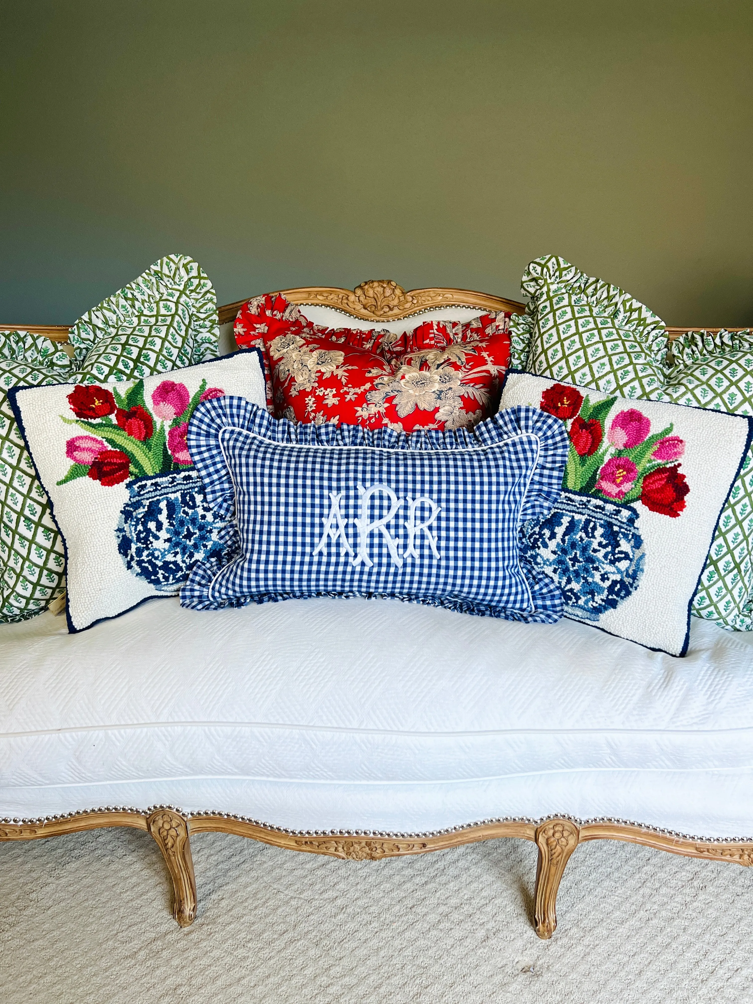 Hand hooked wool tulips in chinoiserie pillow