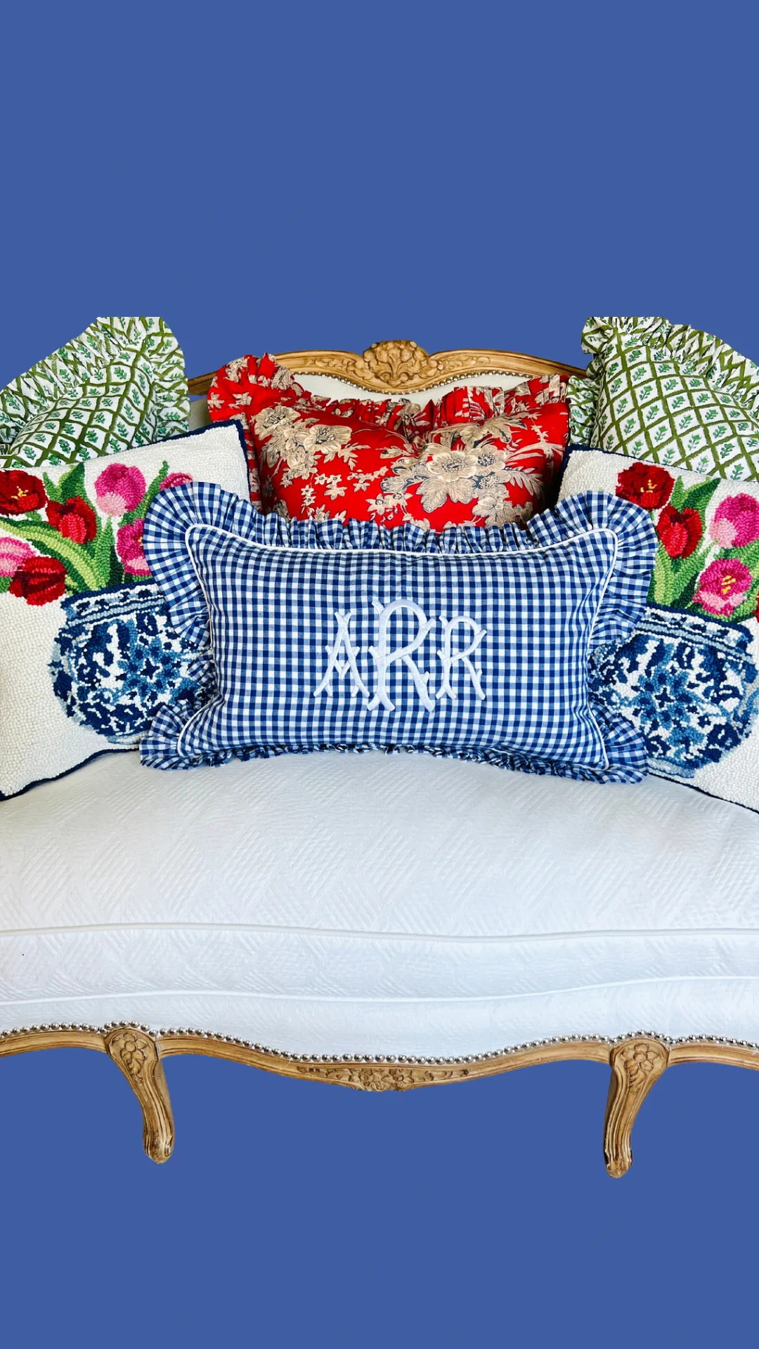Hand hooked wool tulips in chinoiserie pillow