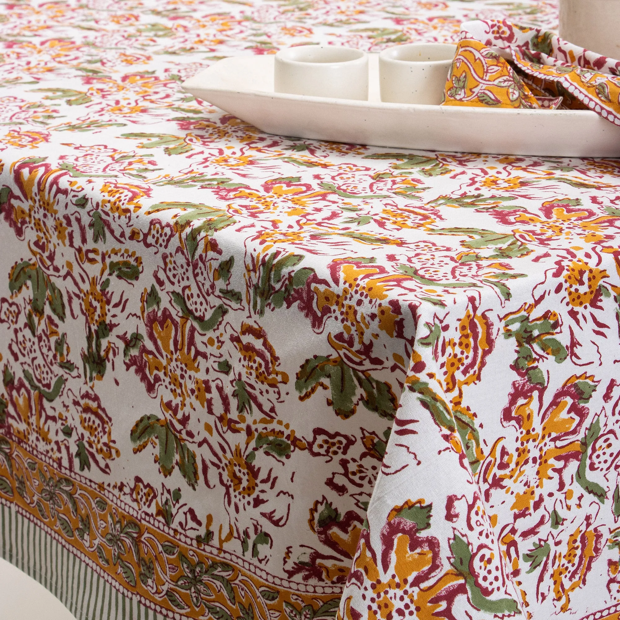 Jaal Floral Block Printed Cotton Dining Table Cover