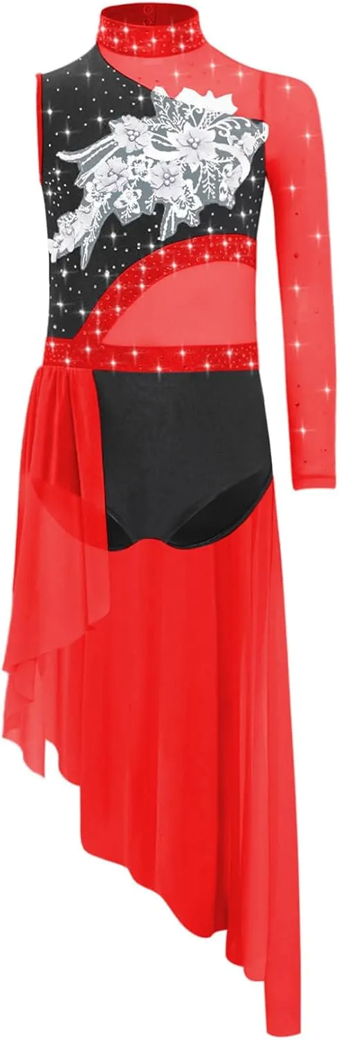 Kids Girls Single Sleeve Asymmetric Skirt Modern Lyrical Dance Dress Contemporary Dance Costume