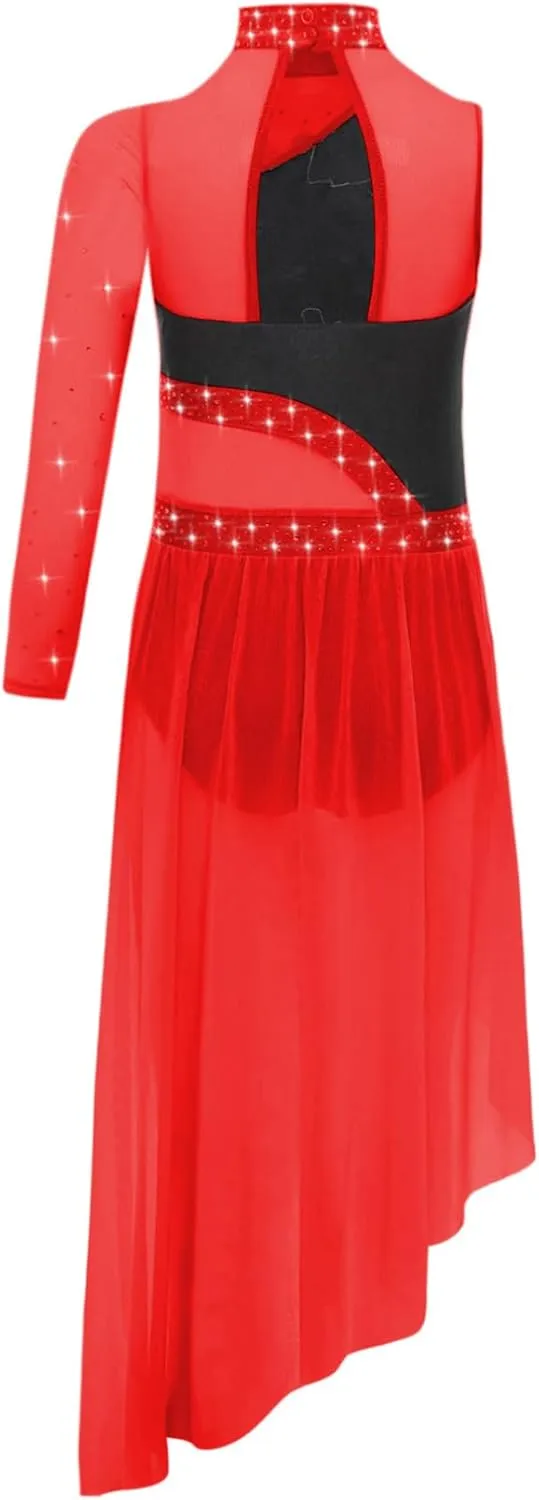 Kids Girls Single Sleeve Asymmetric Skirt Modern Lyrical Dance Dress Contemporary Dance Costume