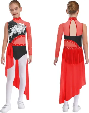 Kids Girls Single Sleeve Asymmetric Skirt Modern Lyrical Dance Dress Contemporary Dance Costume