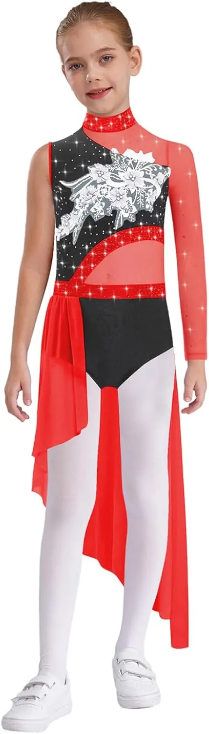 Kids Girls Single Sleeve Asymmetric Skirt Modern Lyrical Dance Dress Contemporary Dance Costume