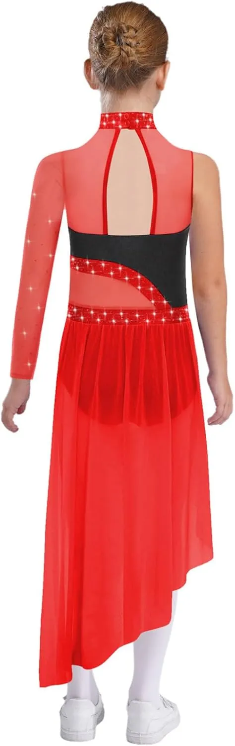 Kids Girls Single Sleeve Asymmetric Skirt Modern Lyrical Dance Dress Contemporary Dance Costume