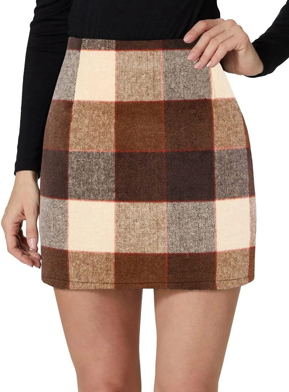 Kinghua Womens Wool Plaid Mini Skirt Fall Winter High Waisted Bodycon Pencil Skirt
