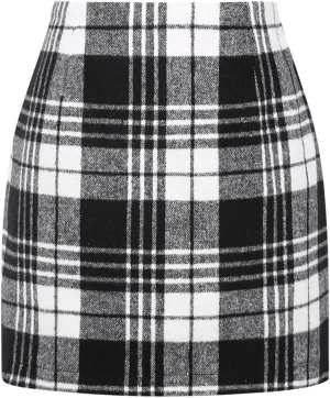 Kinghua Womens Wool Plaid Mini Skirt Fall Winter High Waisted Bodycon Pencil Skirt