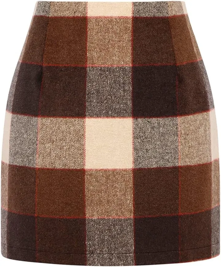 Kinghua Womens Wool Plaid Mini Skirt Fall Winter High Waisted Bodycon Pencil Skirt