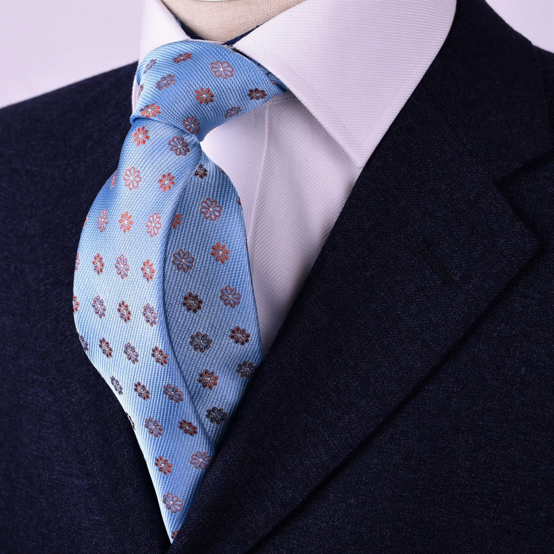 Many Pedals Tan Contrast Coloured Floral Light Blue Tie 3"