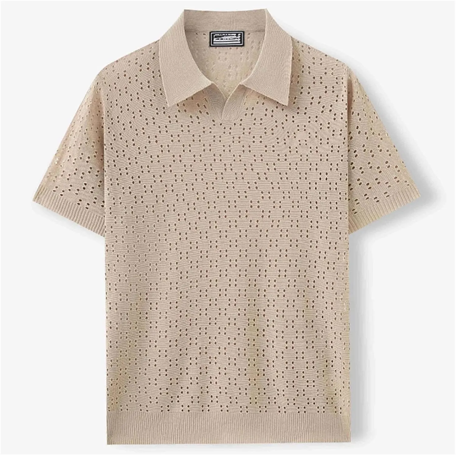 Mens Casual Mesh Knit Buttoned Lapel Short Sleeve Polo Shirt for Daily Leisure Hollow Out Tops