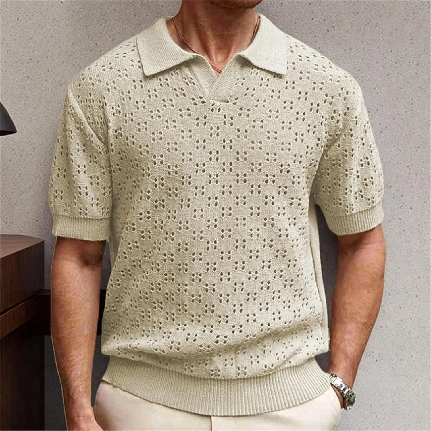 Mens Casual Mesh Knit Buttoned Lapel Short Sleeve Polo Shirt for Daily Leisure Hollow Out Tops
