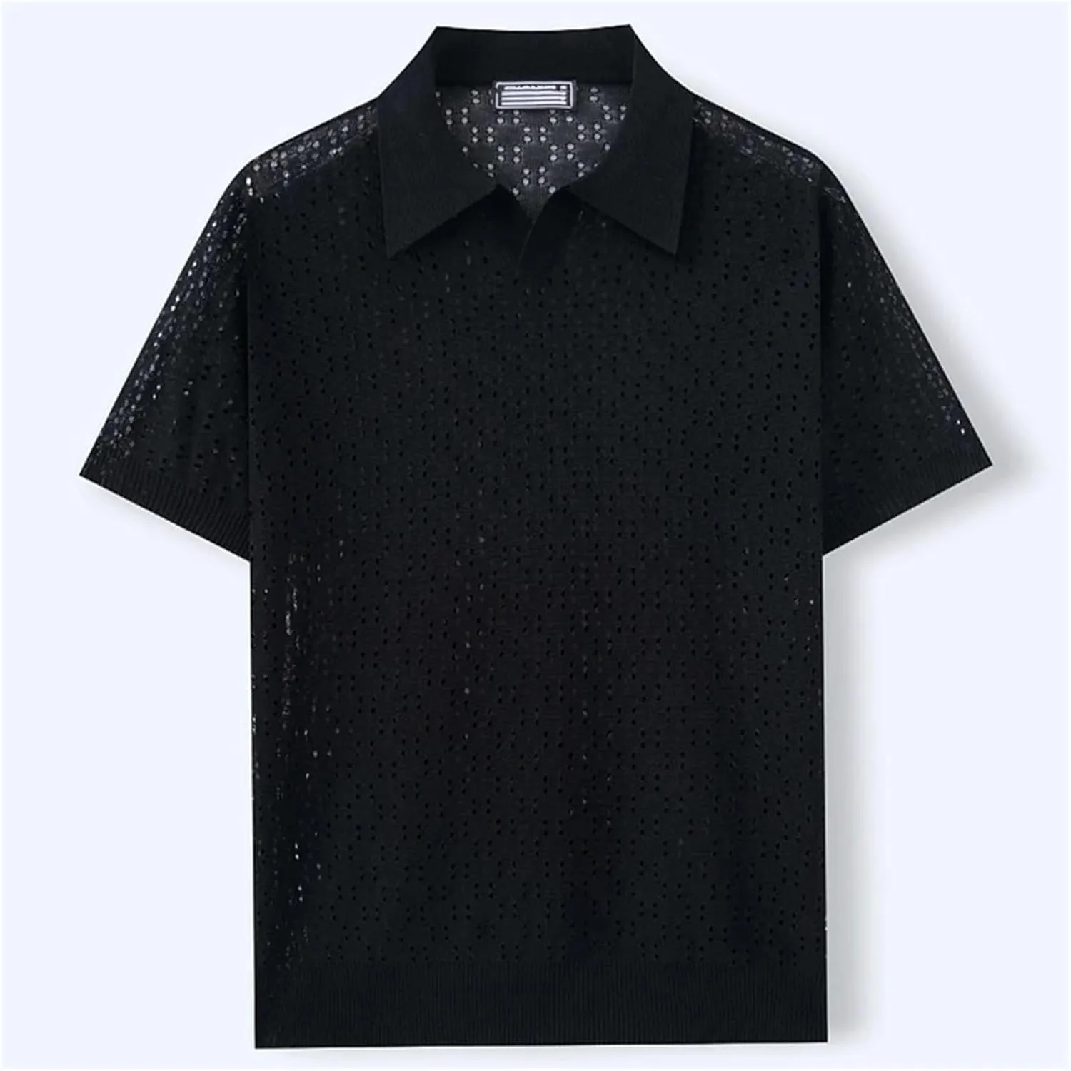 Mens Casual Mesh Knit Buttoned Lapel Short Sleeve Polo Shirt for Daily Leisure Hollow Out Tops