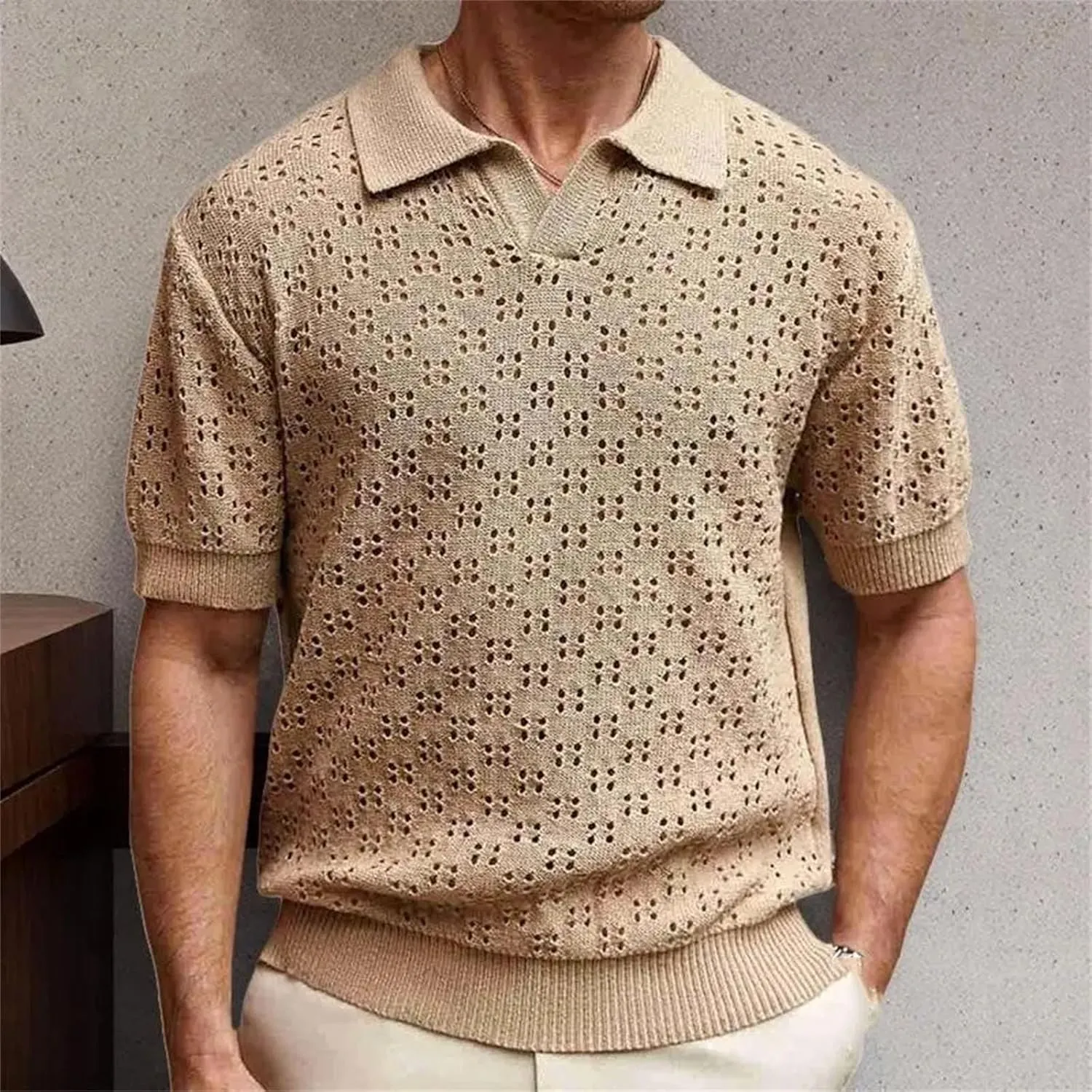 Mens Casual Mesh Knit Buttoned Lapel Short Sleeve Polo Shirt for Daily Leisure Hollow Out Tops